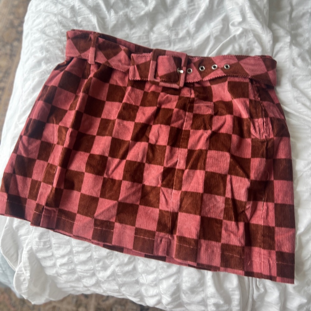 NWT Wild Fable Mod Corduroy Belted Pink and Brown Checkered Skirt
